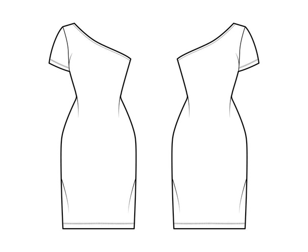 Dress one shoulder technical fashion illustration with short sleeve, fitted body, knee length pencil skirt Flat apparel - Vector, Image