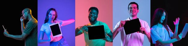 Portraits of group of people on multicolored background in neon light, collage. - 写真・画像