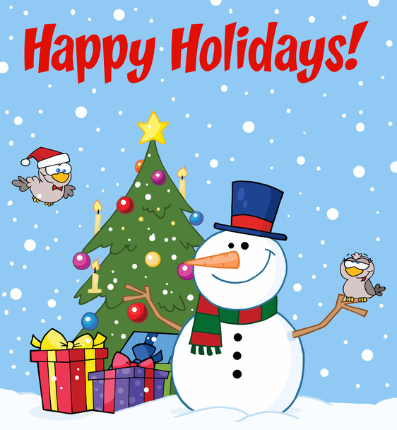 Joyeuses Fêtes Texte d'un bonhomme de neige de Noël près d'un arbre
 - Photo, image