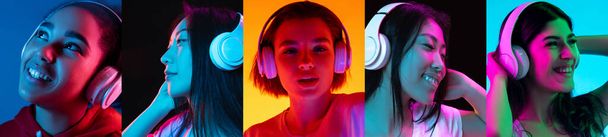 Portraits of group of people on multicolored background in neon light, collage. - Photo, Image