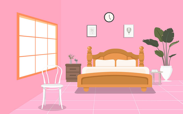 interno di camera da letto rosa in una casa in design piatto - Vettoriali, immagini