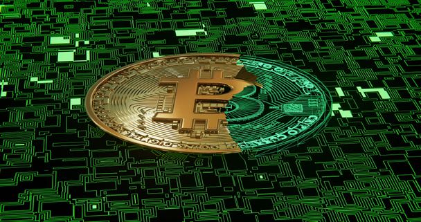 Bitcoin symbole sur fond vert émission de technologie - Photo, image