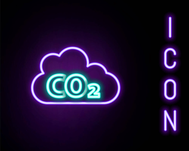 Glowing neon line CO2 emissions in cloud icon isolated on black background. Carbon dioxide formula, smog pollution concept, environment concept. Colorful outline concept. Vector - Vector, Image