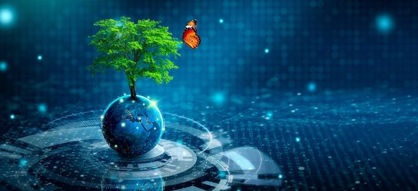 Дерево растет на Земле на абстрактном синем фоне. Экологические технологии, День Земли, Энергосбережение, Экологически чистые технологии, CSR и ИТ-этика. Элементы, обставленные НАСА. - Фото, изображение