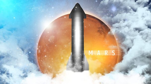 Uzay gemisinin Mars gezegenindeki uzay limanından fırlatılması. Fütürist uzay yolculuğu ve turizm konsepti. 3d illüstrasyon. - Fotoğraf, Görsel
