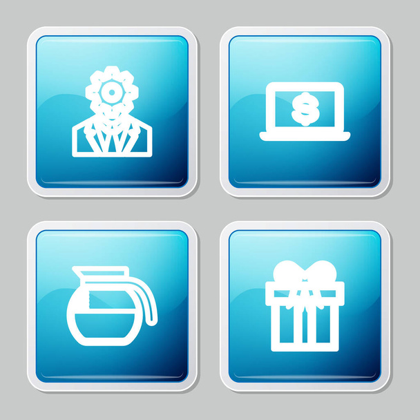 Set line Head with gear inside, Laptop dollar, Coffee pot and Gift box icon. Vector. - Vector, afbeelding