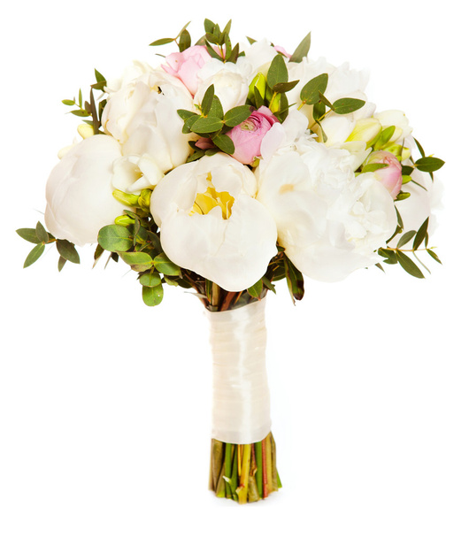 ランキュラス・アシアティカスとピンク・牡丹の白いウェディング花束 - 写真・画像