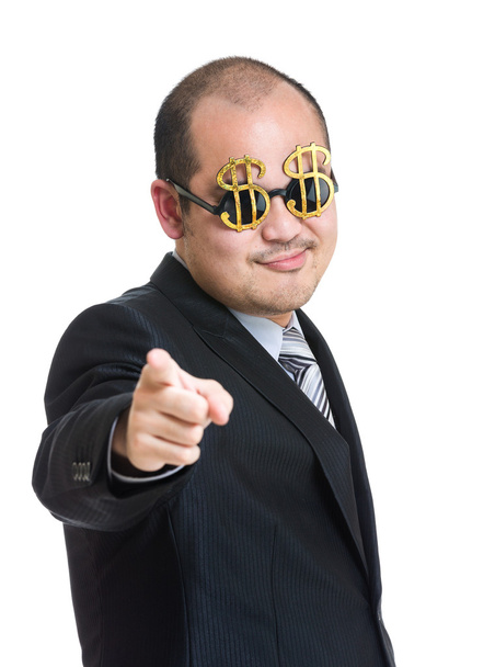 Businessman finger point to front with glasses pointing to front - 写真・画像