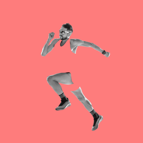 Modern design, contemporary art collage. Inspiration, idea, trendy magazine style. Sport. Professional male athlete on red background. - Valokuva, kuva