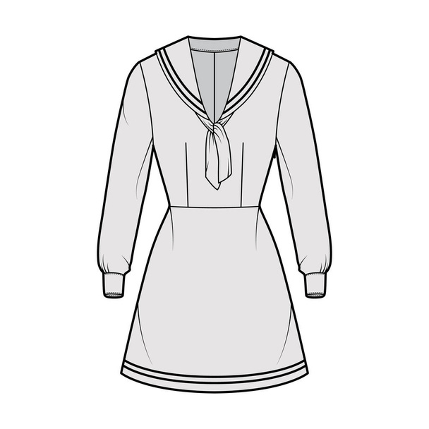 Sukienka marynarz moda techniczna Ilustracja z długim rękawem z mankietem, dopasowany korpus, kołnierz środkowy, paski, długość mini - Wektor, obraz