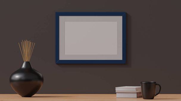 Ahşap boş poster çerçevesi basit bir duvarda. 3B görüntüleme CGI illüstrasyonu - Fotoğraf, Görsel