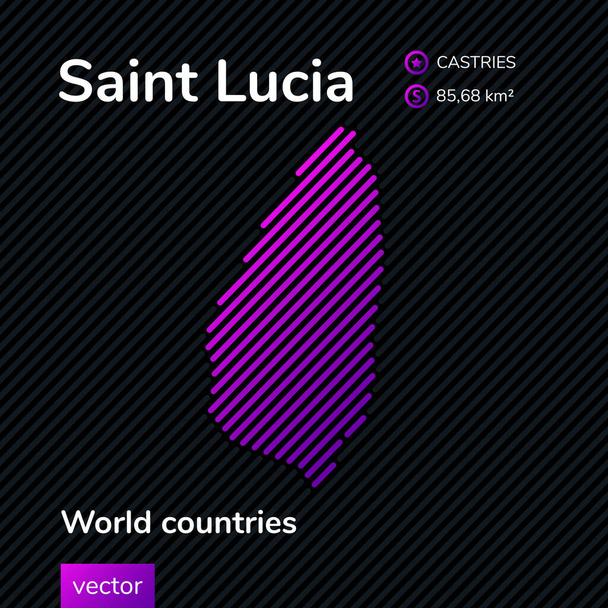 Karte von Saint Lucia. Vector kreative digitale Neon-Flachbild-Kunst abstrakte einfache Karte mit violetten, lila, rosa gestreiften Textur auf schwarzem Hintergrund. Bildungsbanner, Plakat über St. Lucia - Vektor, Bild