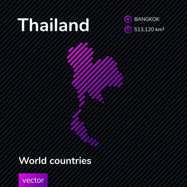 Vector creativo digital neón línea plana arte abstracto mapa simple de Tailandia con violeta, púrpura, rosa rayas textura sobre fondo negro. Banner educativo, póster sobre Tailandia - Vector, Imagen