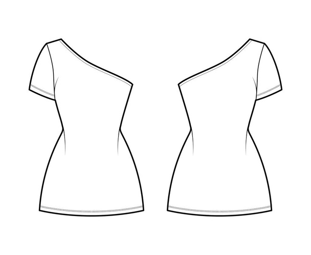 Robe une épaule illustration de mode technique avec manches courtes, corps ajusté, mini jupe crayon longueur. Vêtements plats - Vecteur, image