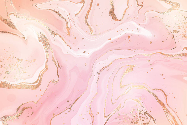 グラデーションのバラの液体大理石やグリッター箔テクスチャストライプと水彩の背景。ピンクの大理石のアルコールインクの描画効果。結婚式の招待状のためのベクターイラストデザインテンプレート - ベクター画像