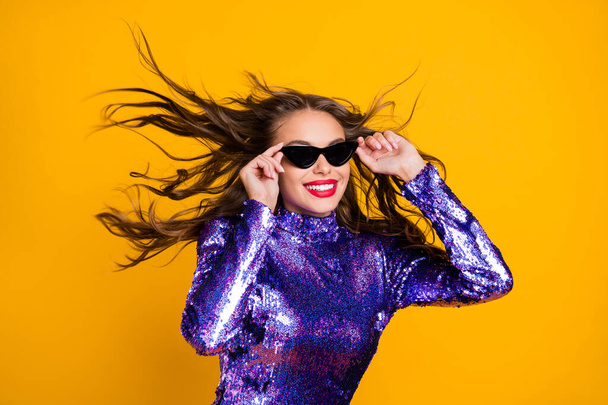 Photo portrait of fancy glamorous woman wearing sunglass glossy violet dress smiling isolated vibrant yellow color background - Fotoğraf, Görsel
