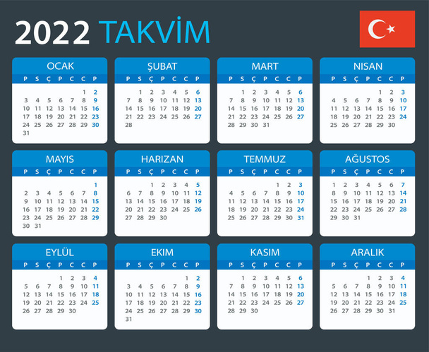 Modello vettoriale del calendario a colori 2022 - Versione turca - Vettoriali, immagini