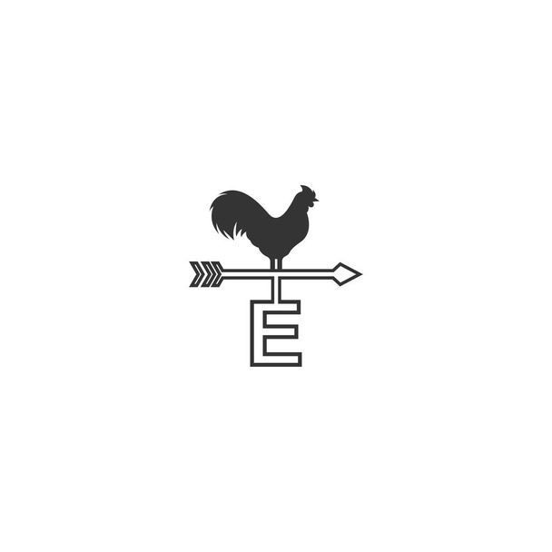 Letter E logo with rooster wind vane icon design vector template - Vector, Image