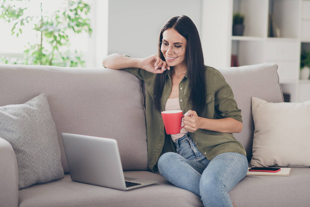 Portrait of lovely cheerful focused girl sitting on divan using laptop watching video drinking milk pastime at home house flat indoor - Foto, Imagem