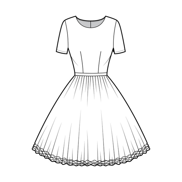 Ilustracja moda techniczna sukienka tutu z krótkimi rękawami, dopasowany korpus, długość kolana okrągła spódnica. Balet płaski - Wektor, obraz