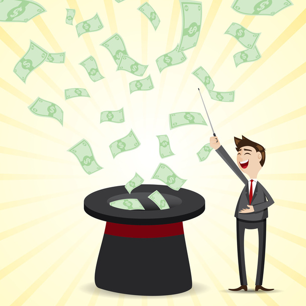 cartoon businessman with money from magician hat - Vector, Image