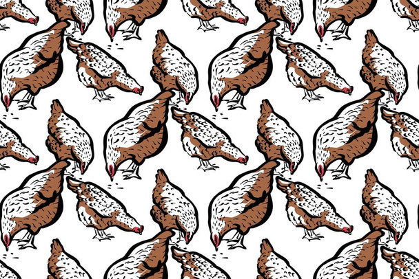 Seamless pattern. Chickens peck grain on a white background, dense ornament. Illustration in a realistic style. Vector.Fashionable stylized illustration in retro style. - Vektor, Bild