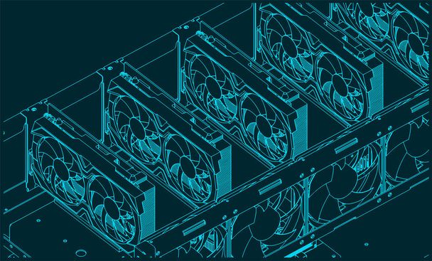 Stylized vector illustration of isometric drawings of a mining farm close-up - Vector, Image