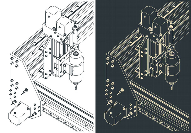 Stylizowane ilustracje wektorowe zautomatyzowanej maszyny CNC do rzeźbienia w 3D rysunków izometrycznych - Wektor, obraz