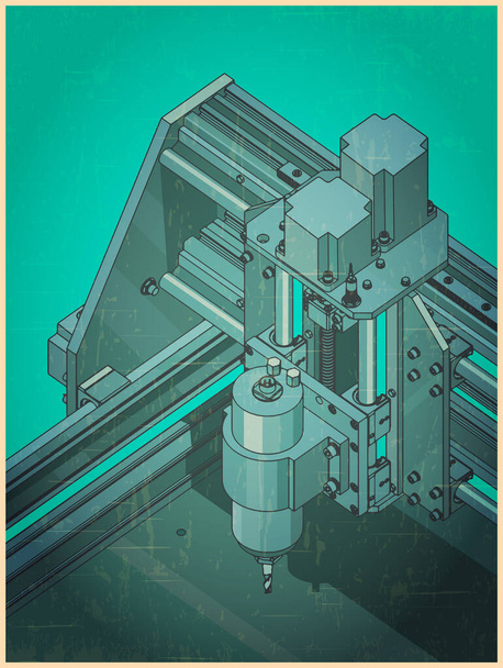 Stylizowana wektorowa ilustracja zautomatyzowanej maszyny CNC do rzeźbienia 3D w stylu plakatu retro - Wektor, obraz