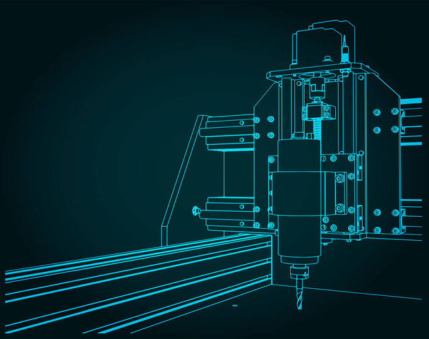 Stylizowane ilustracje wektorowe zautomatyzowanej maszyny CNC do rzeźbienia rysunków zbliżeniowych 3D - Wektor, obraz