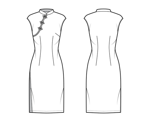 Šaty qipao cheongsam technické módní ilustrace s krátkými rukávy, montované tělo, po kolena tužka sukně. Flat  - Vektor, obrázek