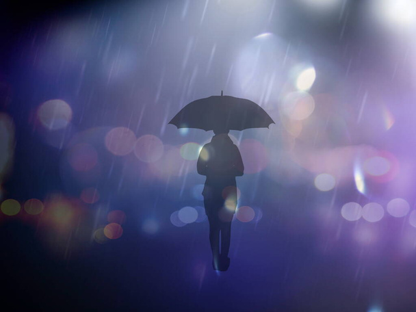 defocus rainy street blurred light at evening  silhouettes of people with umbrella under rain - Photo, Image