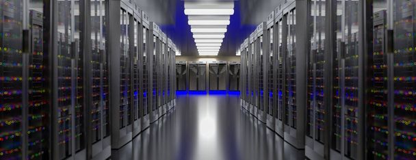 Server room data center. Backup, mining, hosting, mainframe, farm and computer rack with storage information. 3d render - Photo, Image