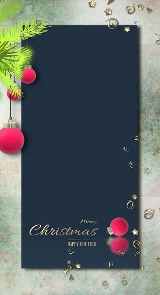 Modèle de menu de Noël. Design de luxe pour le Nouvel An de Noël invitation. Branches de sapin, boules rouges sur bleu. Endroit pour le texte, maquette. rendu 3D - Photo, image