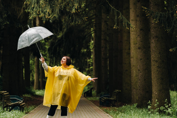 a woman in a yellow raincoat and an umbrella walks in the park and garden in summer. - Photo, Image