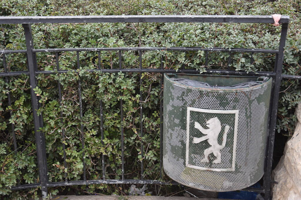 Jerusalem Israel 27 March 2021: coat of arms with lion, symbol of the city on a bucket. High quality photo - Photo, Image