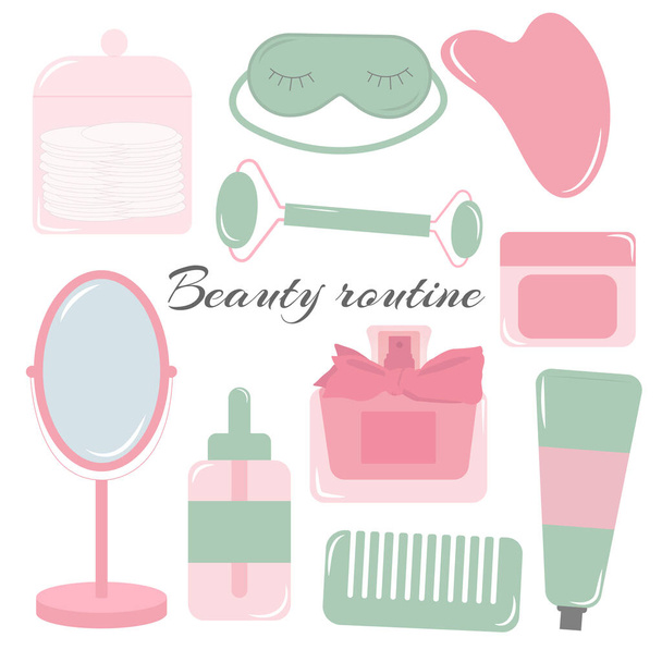 Skin beauty routine icons vector illustration. Various beauty objects isolated on the white background. Flat character. Cartoon style.  - Vector, Image