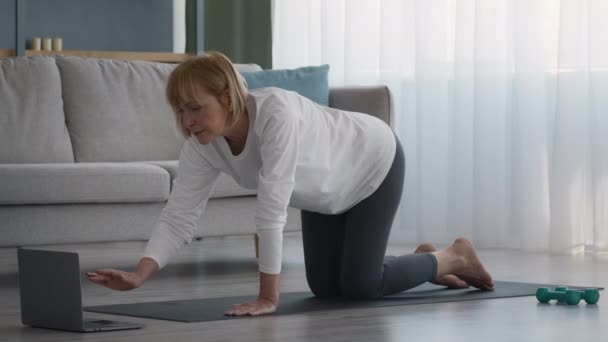Mujer mayor haciendo pilates de pie a cuatro patas levantando la pierna en casa - Metraje, vídeo