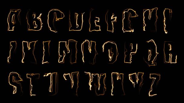 3D rendering glow effects of the contours of the uppercase letters of the English alphabet on a black background. Neon design elements. Can be used to create a variety of presentations, news, online media, social media and vibrant backgrounds - Photo, image