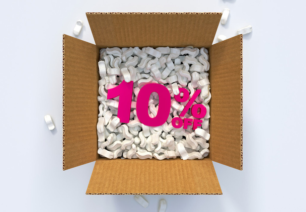 Boîte avec des arachides d'expédition et 10 pour cent hors signe
 - Photo, image