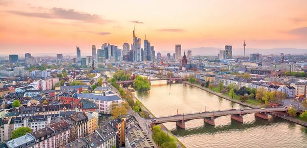 View of Frankfurt city skyline in Germany at twilight from top view - Photo, Image