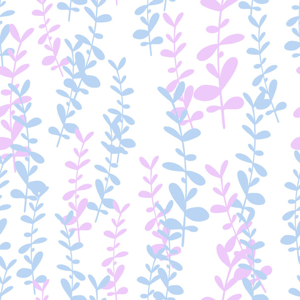 Pink and blue botanic eucalyptus branches elements seamless pattern. Isolated floral backdrop. Graphic design for wrapping paper and fabric textures. Vector Illustration. - Vector, Imagen