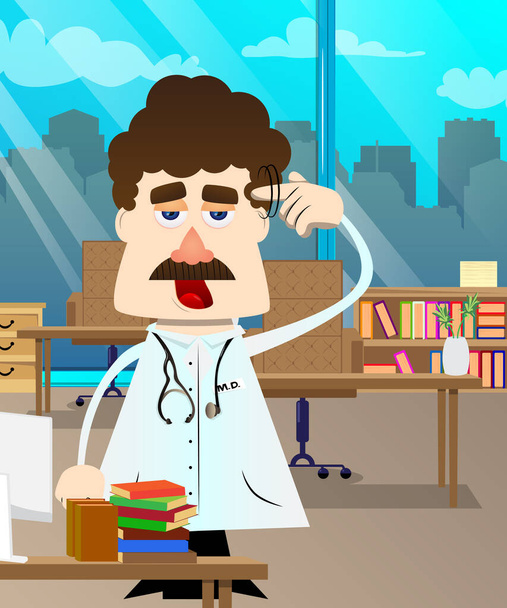 Funny cartoon doctor shows a you're nuts gesture by twisting his finger around his temple. Vector illustration. Health care worker with silly hand sign. - Vector, Image