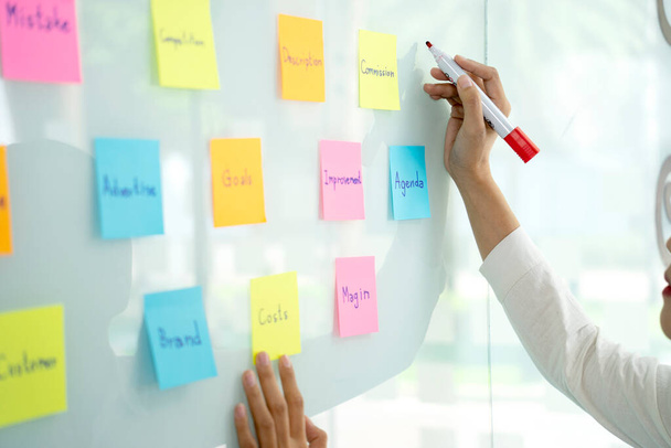 Empresária usa uma caneta na mão para escrever uma nota em um bloco de notas no quadro branco para lembrar e brainstorm ideias de negócios. - Foto, Imagem