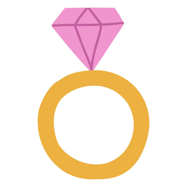 Netter goldener Ring mit rosa Diamanten. Vector handgezeichnete Cartoon-Illustration. - Vektor, Bild
