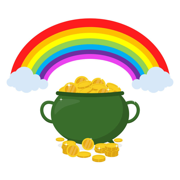 Flache Abbildung Topf mit Goldmünzen mit Regenbogen - Vektor, Bild