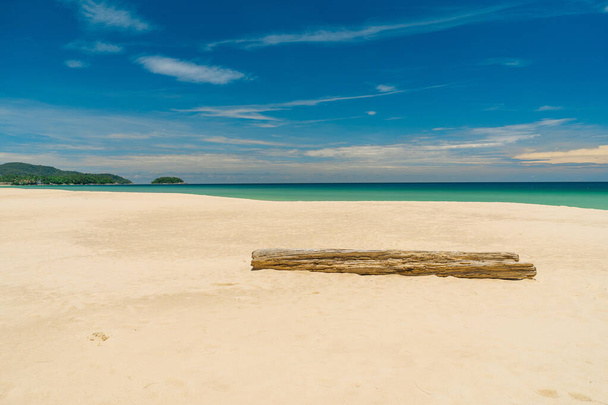 Kütük inanılmaz bir sahil manzarasının kumlu sahilinde yatıyor. Yaz tatili ve doğa yolculuğu macera konsepti. - Fotoğraf, Görsel