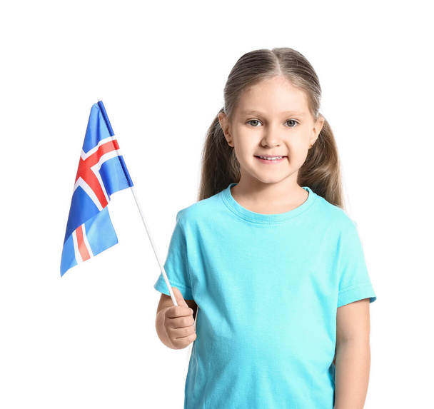 Little girl with the flag of Iceland on white background - Fotoğraf, Görsel