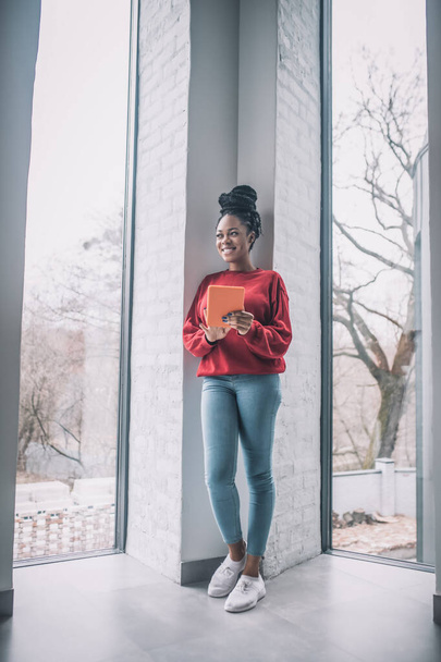Positive african american woman with a laptop standing near the window - Fotoğraf, Görsel
