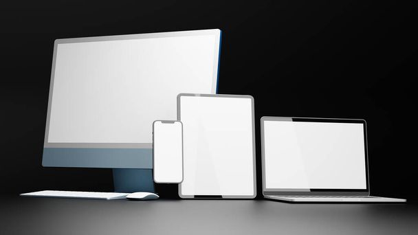 Computer devices with tablet, computer, laptop and smartphone with mock-up screen isolated on black background, 3D rendering, 3D illustration - Valokuva, kuva